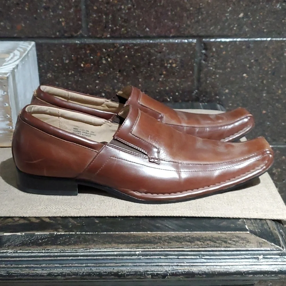 MENS DRESSY STACY ADAMS BROWN LEATHER SLIP ON SQUARE TOE LOAFERS SIZE 10